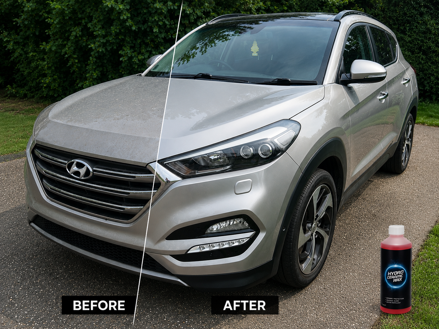 Before and after results using Nerta Hydro Ceramic Wax concentrate showing improved gloss, paint protection and water repellency