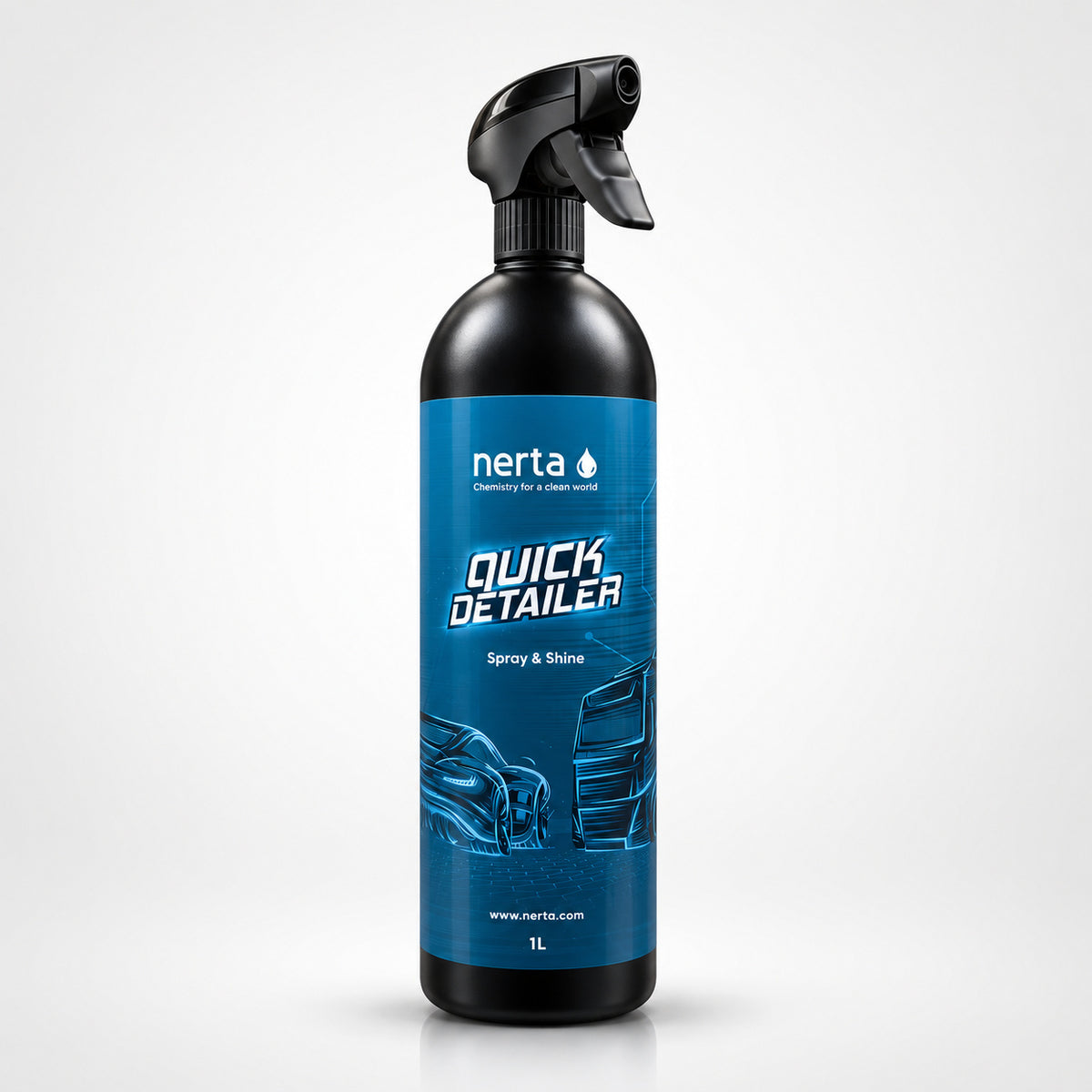 Nerta Quick Detailer 1L black trigger spray bottle with a blue label on a light background