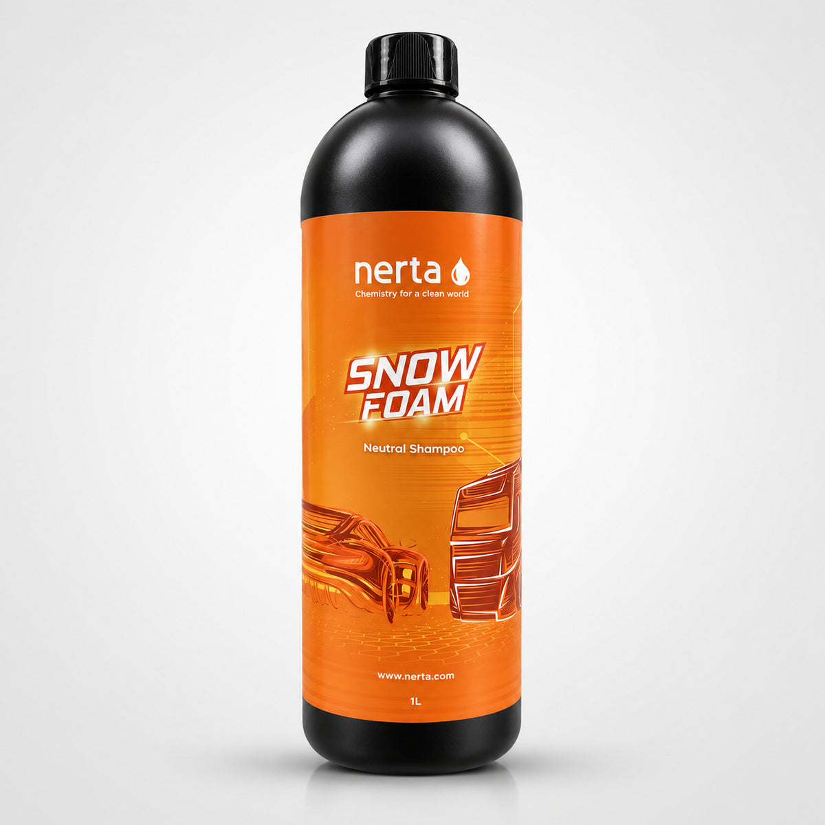 Nerta Snow Foam 1L black bottle with an orange label on a light background