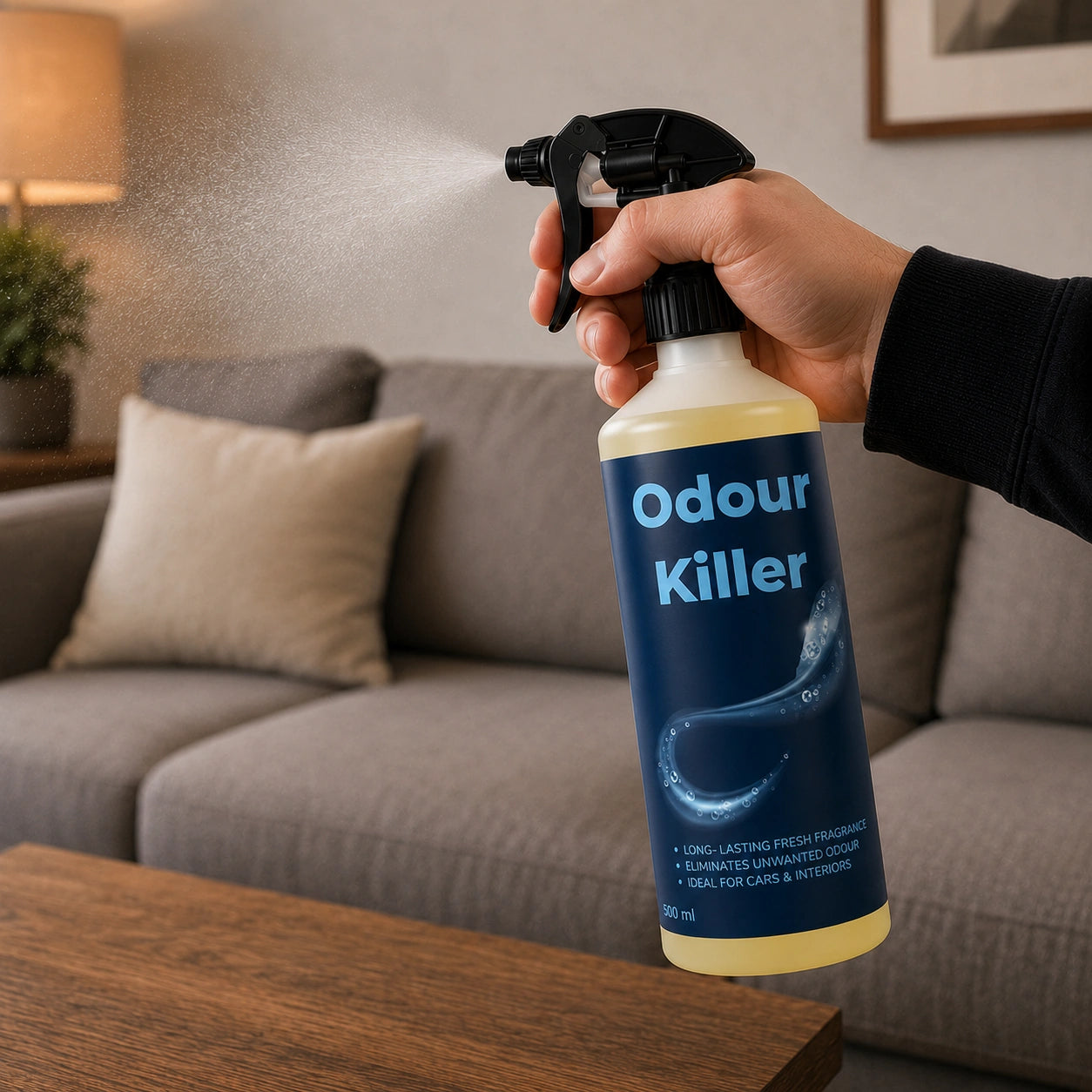 Air Fresh Odour Killer 500ml car odour neutraliser spray, label close-up
