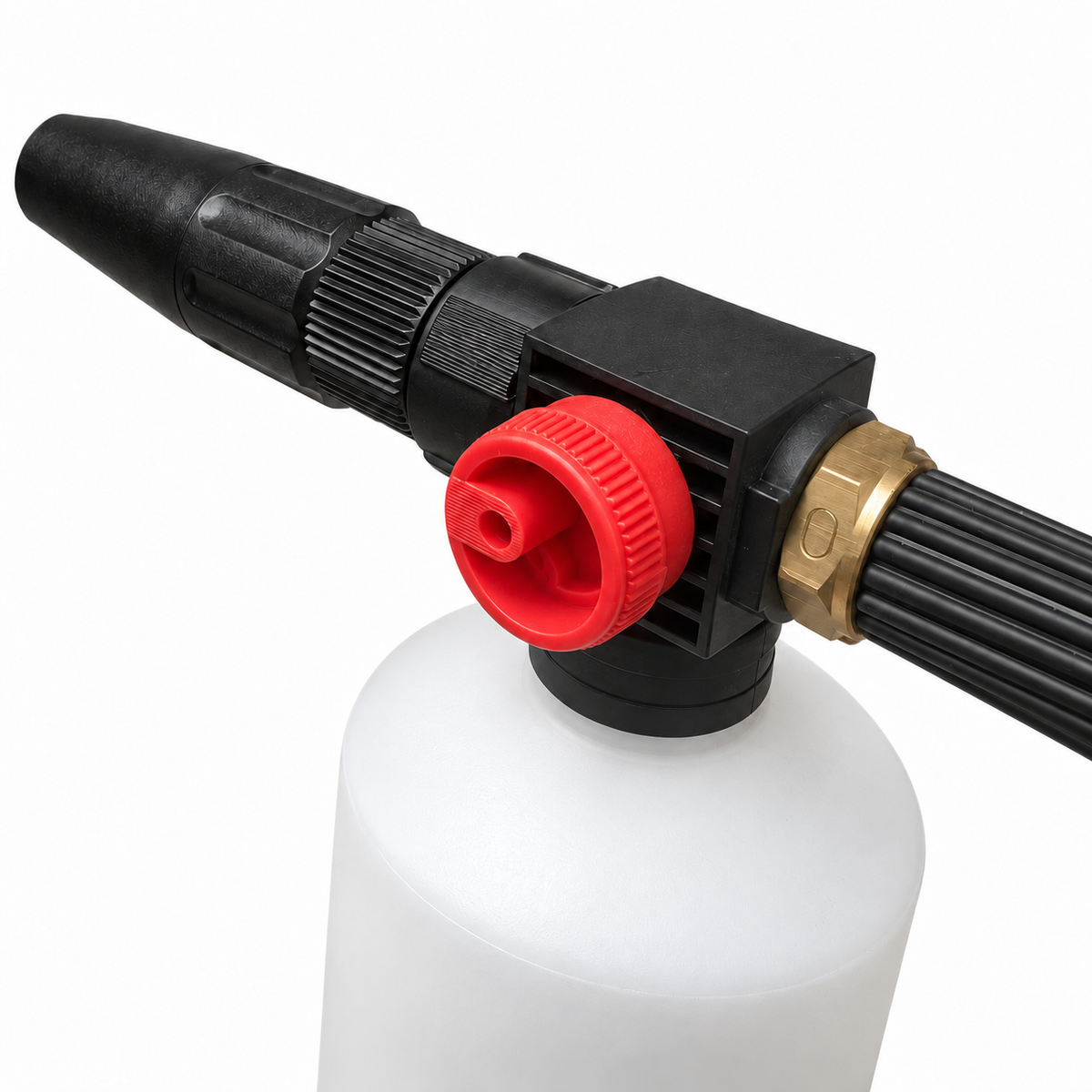 Interpump FOAMKIT foam lance head with red adjustment dial and white detergent bottle