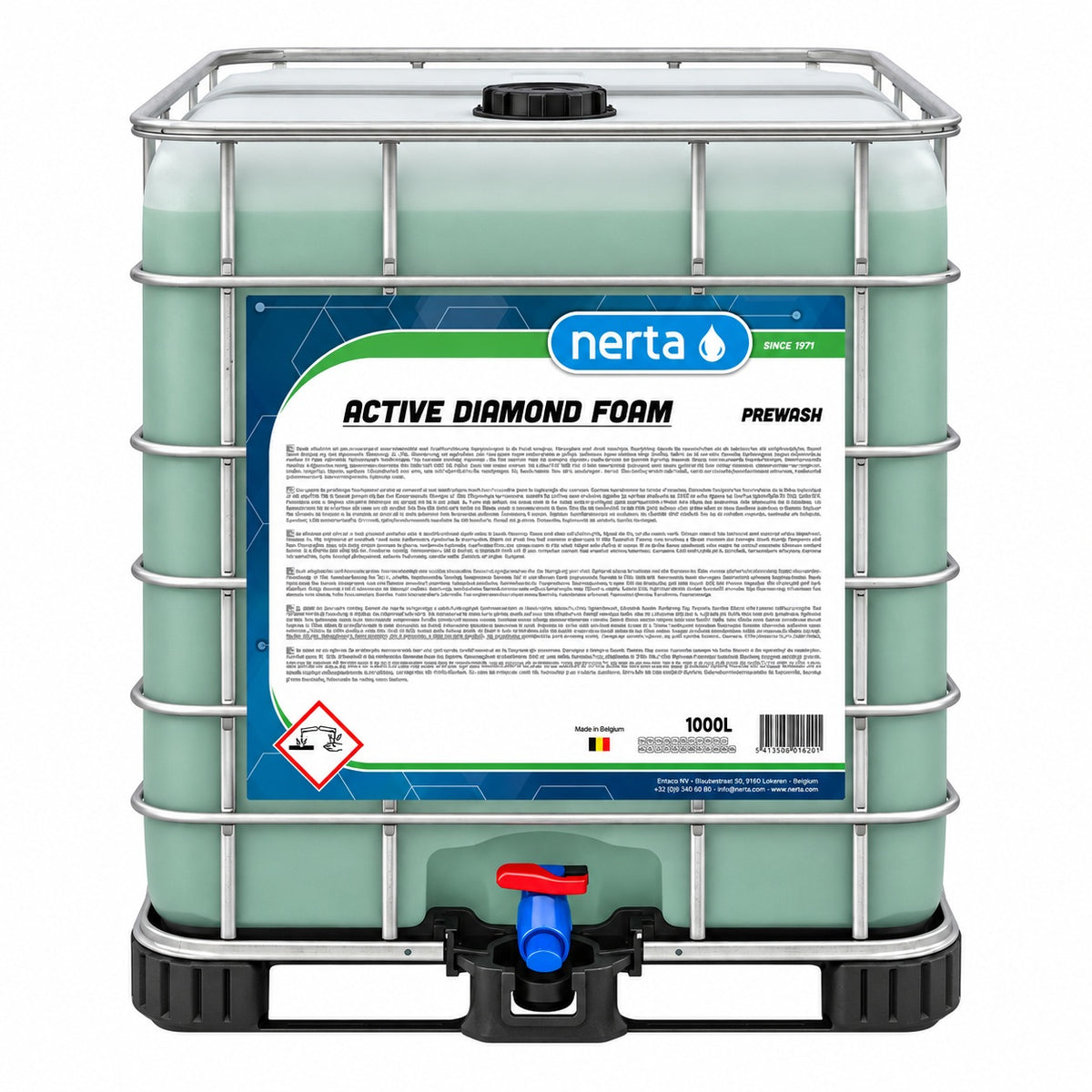 Nerta Active Diamond Foam 1000L IBC container in a steel cage