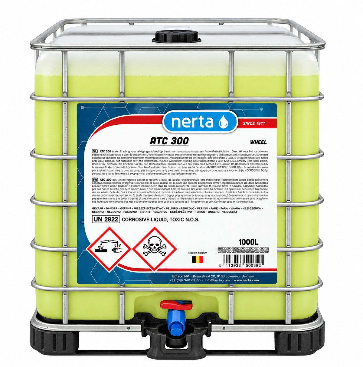 Nerta ATC 300 1000L IBC container with a red product label