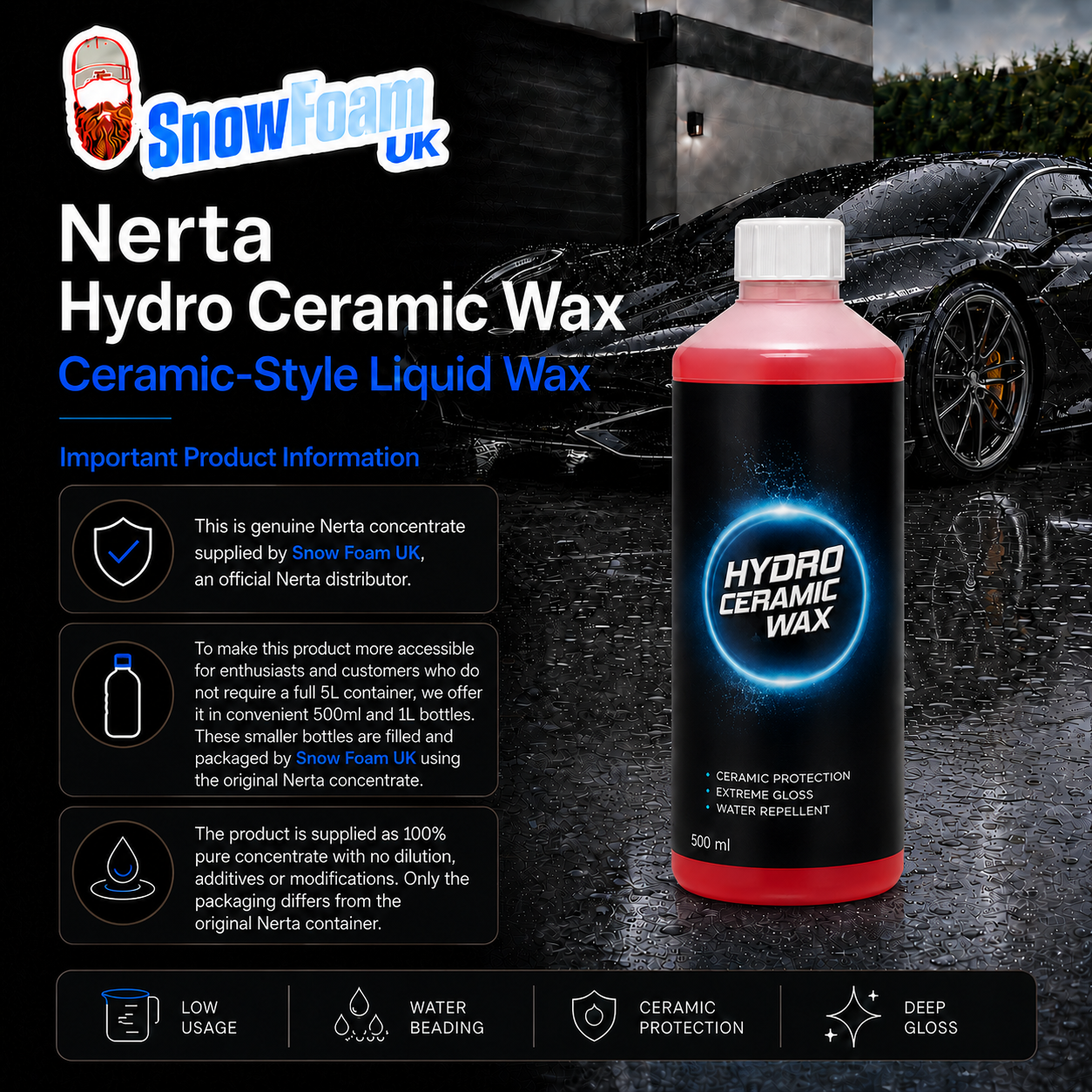A bottle of Snowfoam UK Nerta Hydro Ceramic Wax liquid wax is shown in front of a dark car on a wet road. The bottle has a black label with blue and white text, and the wax inside is a bright pinkish-red.