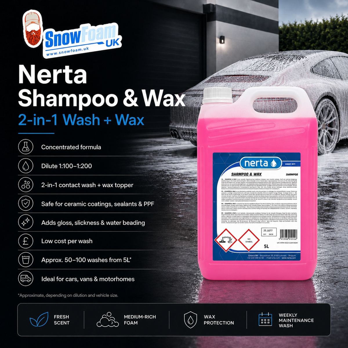 Nerta Shampoo & Wax pH-neutral car shampoo leaving a protective wax finish