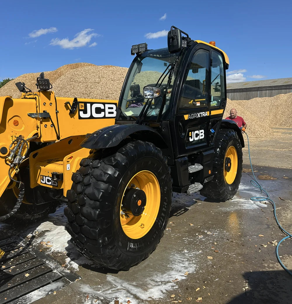JCB telehandler at the farm during the SnowFoam UK equipment visit.